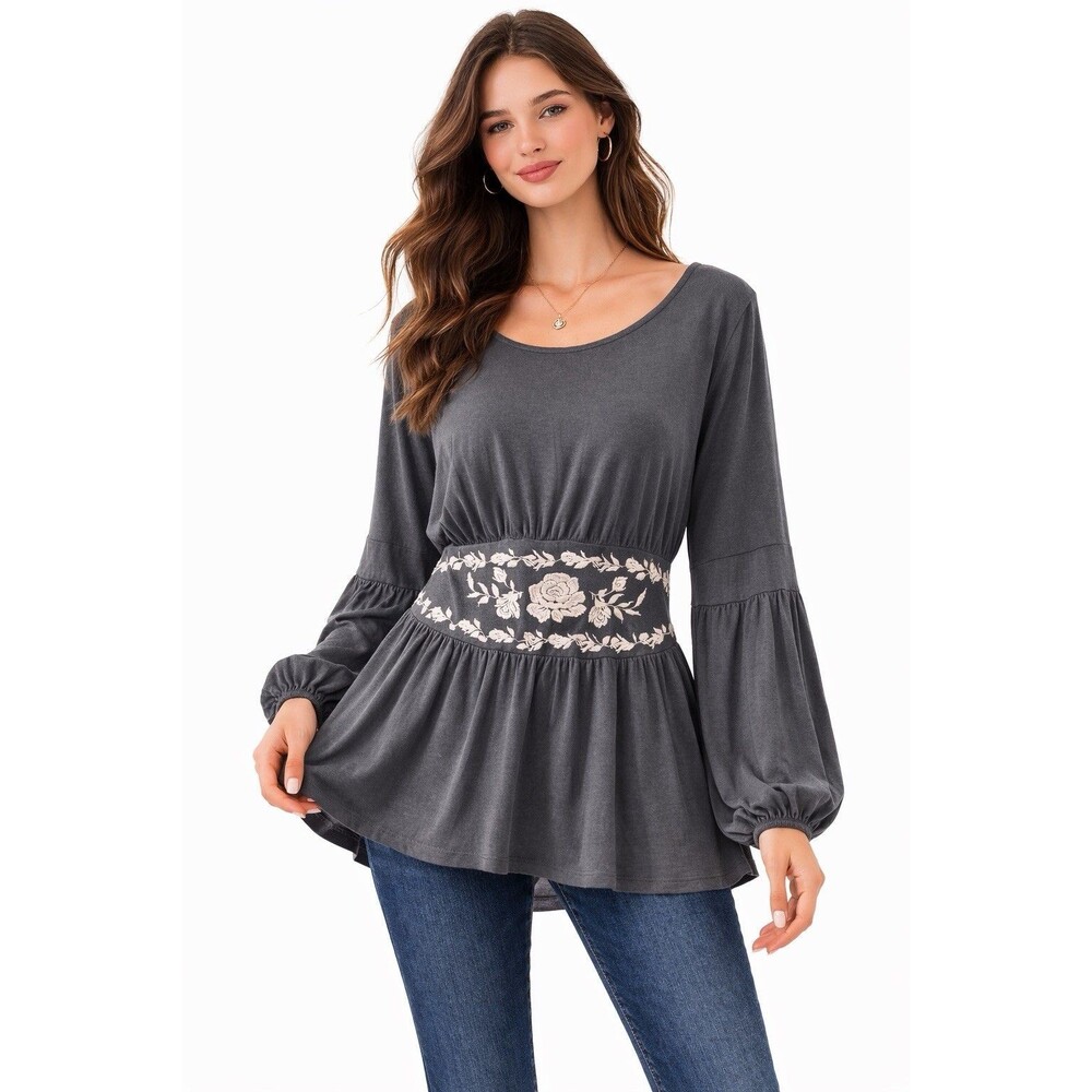 Xhilaration Women's Gray Boho Blouse Embroidered Waist Peplum Long Sleeve